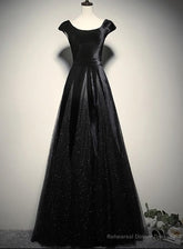 Elegant Black Velvet Cap Sleeves Evening Dress, Black Prom Dress